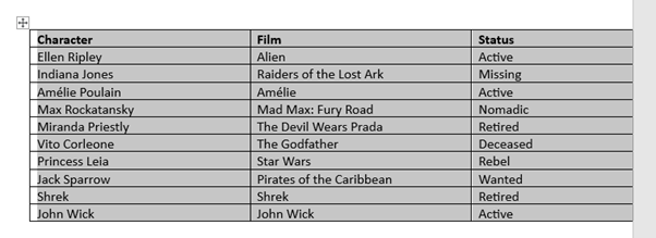 Table extending offscreen example selected
